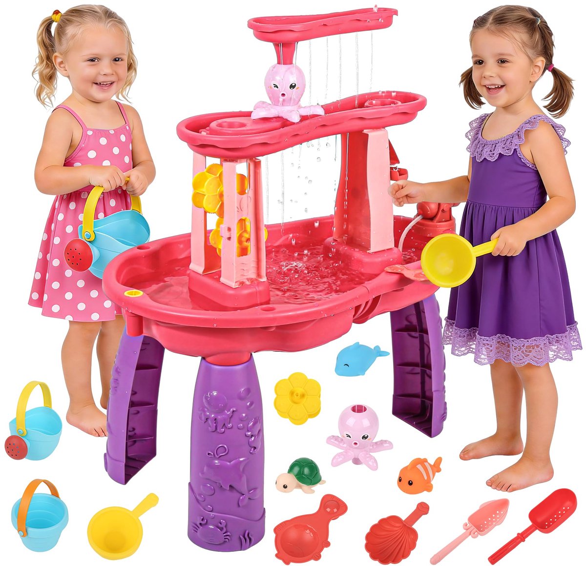 Water- en zandtafel voor kinderen - 3-laags spetterende speeltafel met accessoires - Zomer outdoor beach sensorisch activiteit speelgoed - Cadeau voor verjaardag en feestje voor meisjes en jongens vanaf 4 jaar - Roze