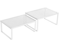 Keuken Organisator Planken Kast Opbergers Stapelbaar Uitbreidbaar - Set van 2 - Metalen Keuken Planken - Wit - KCS01WT