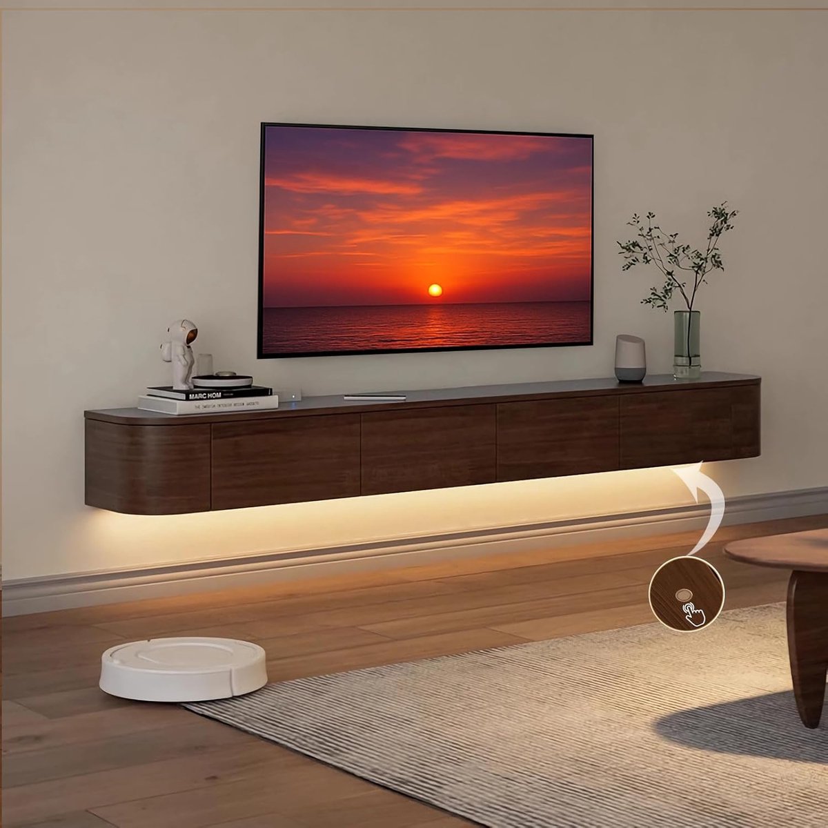 Zwevend Massief Houten TV Meubel met LED Verlichting en Opbergruimte 160 cm – Wandgemonteerd TV Kast met Kabelbeheer voor Woonkamer & Slaapkamer – Brown (met licht) –