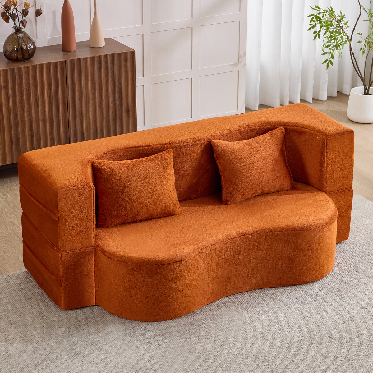 FloraGrace Bedbank - 2-In-1 Opvouwbaar Logeerbed Met Kussens - Voor Woonkamer Of Slaapkamer - Schuim En Pluche - Oranje