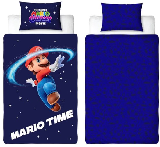 Dubbelzijdig dekbedovertrek: ene kant met Mario, andere kant met dinosauruspatroon.