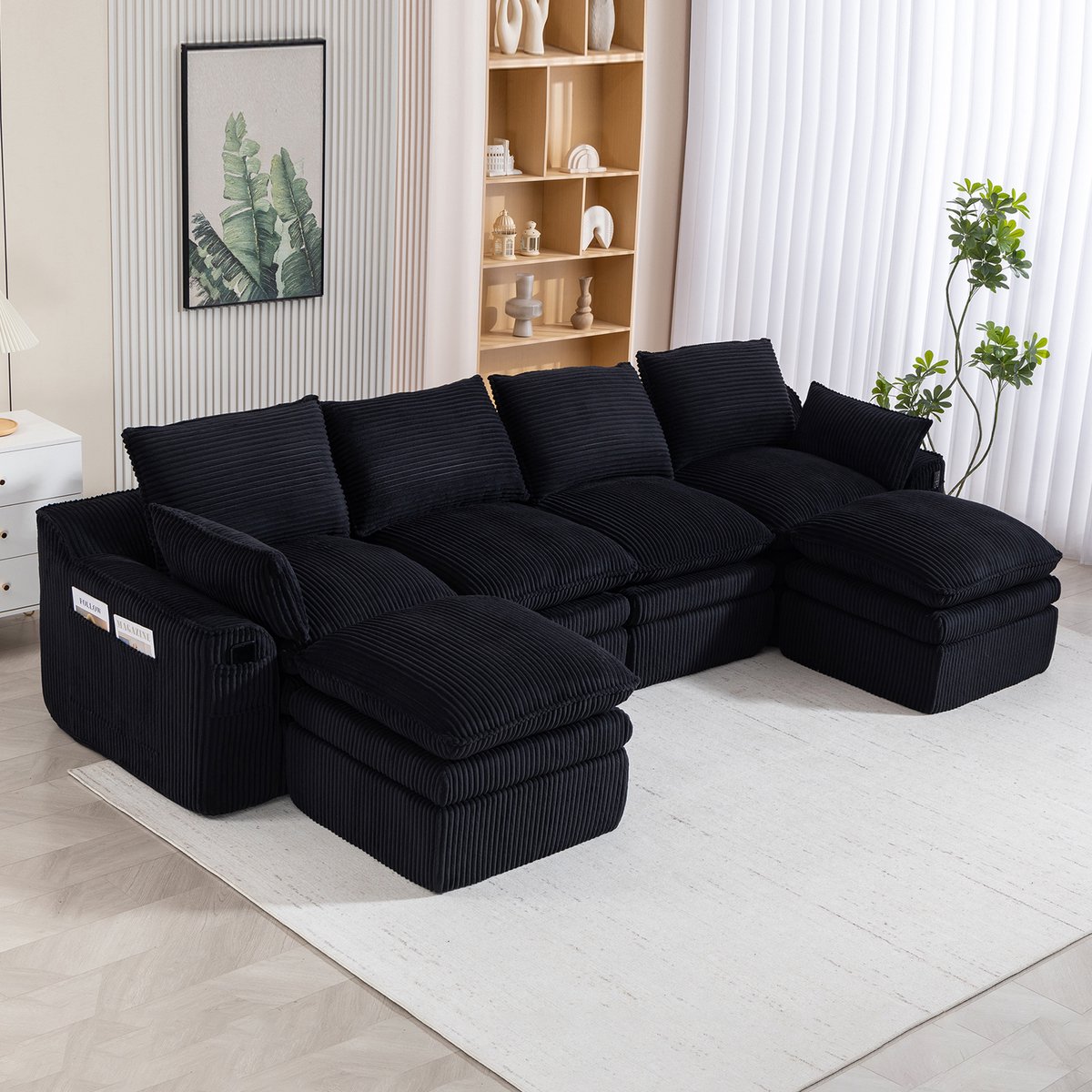 FloraGrace Hoekbank 335 x 167 cm - Modulaire 4-Zits Met 2 Hockers en Zijvakken - Woonkamer of Kantoor - Corduroy - Zwart