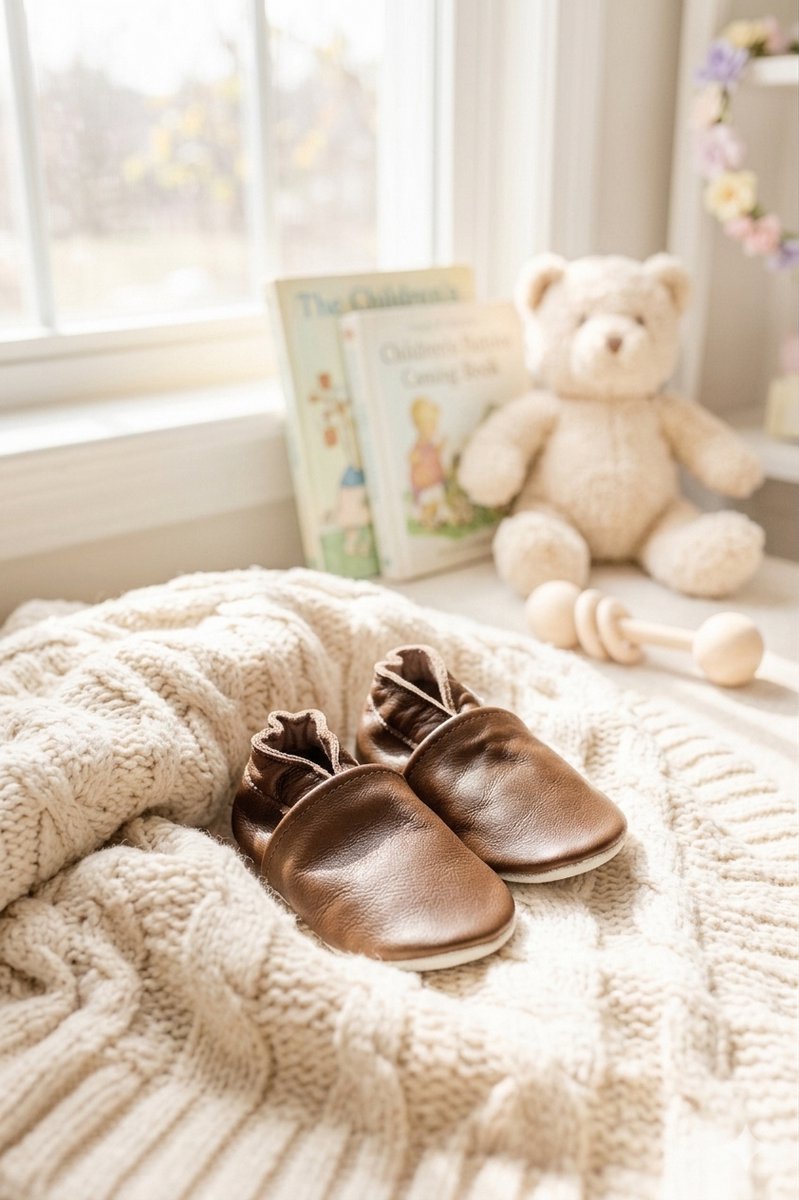 Stabifoot Babyslofjes – Zacht Leer – Cadeaudoos - Linnen zakje - Barefoot - BROWN 0 - 3