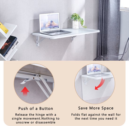 Opklapbaar Wandtafeltje - 80x40 Cm Wit - Ruimtebesparende Vouwtafel Van Massief Hout - Voor Waskamer, Keuken, Garage Of Thuiskantoor — afbeelding 2