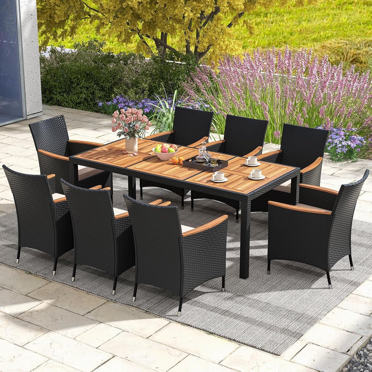 Tuinset 8 Personen Rattan met Acaciahouten Tafel – Dining Tuinset Zwart met 8 Eetstoelen, Luxe Kussens en Parasolgat 5 cm voor Terras & Tuin – Medahomestore
