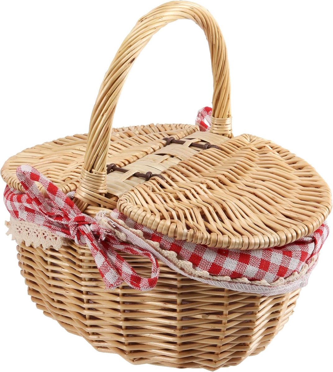 JeiibrZui Natuurlijke Wilgen - Picknickmand Met Dubbel Deksel - 26x18x15 Cm - 1 Stuks - Inclusief Rood Geruit Linnen - Voor Buitenactiviteiten En Feesten