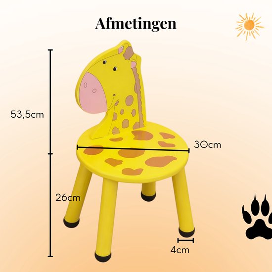 Afmetingen kinderstoel giraf: 53,5cm hoog, 30cm breed. Poten 26cm hoog, 4cm dik.
