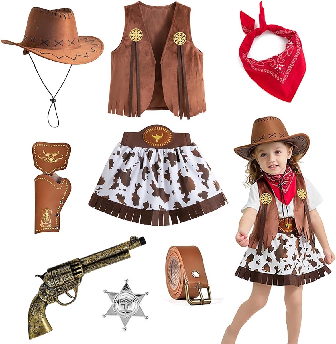 Cowboy Kostuum voor Kinderen van 3-11 Jaar met Hoed, Vest, Broek en Accessoires voor Carnaval en Cosplay