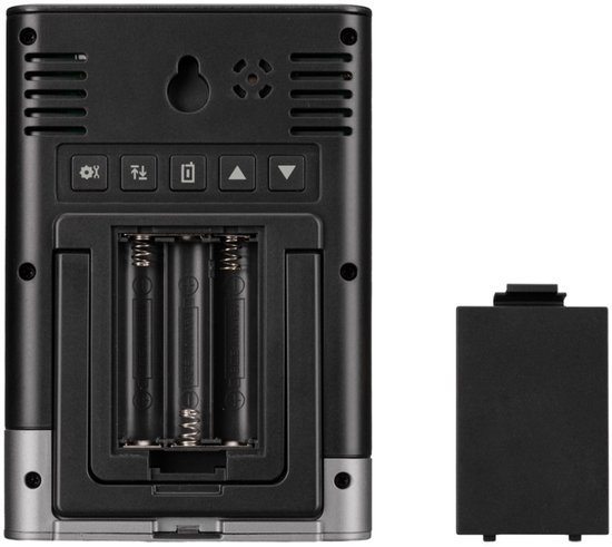 Zwarte Bresser weerstation achterkant met batterijcompartiment en deksel.