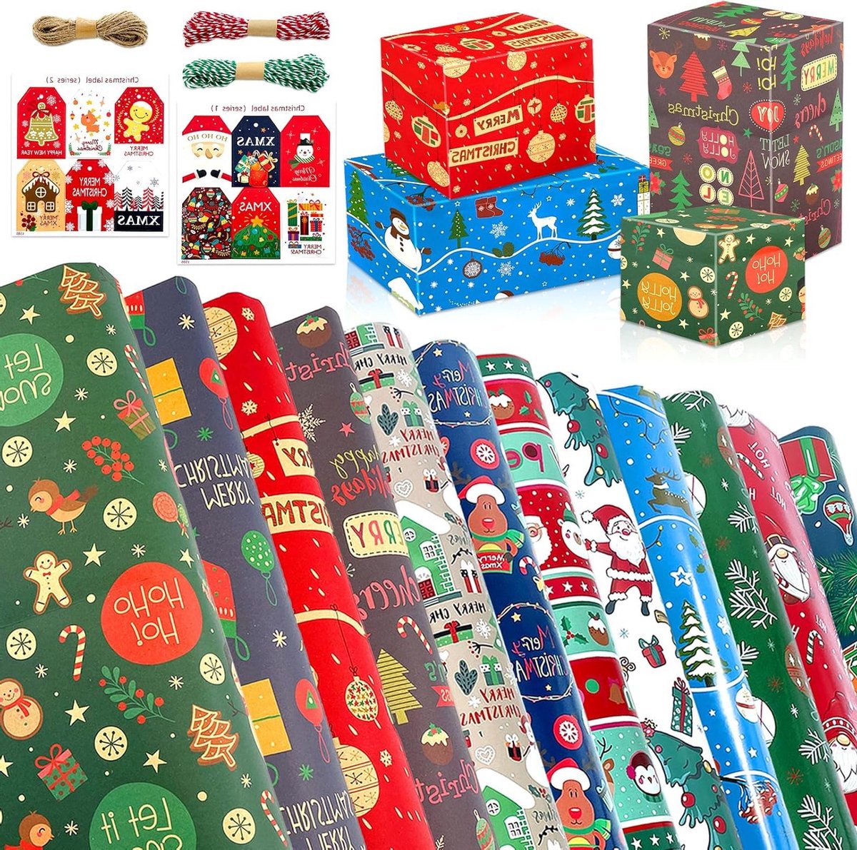 12 Vellen Kerstcadeaupapier 50 x 70 cm, Kraftpapier met Retro Ontwerp en Cadeauetiketten, Perfect voor Kerstcadeaus en Feestelijke Verpakkingen