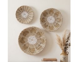 StudioBoho - Set van 3 Gevlochten Zeegras Wandschalen (Ø35, 30, 25cm) - Ronde Boho Wanddecoratie, Woondecoratie & Woonaccessoires - Handgemaakte Rieten Muurmanden Woonkamer Slaapkamer - Bohemian Ibiza Stijl Wandborden - Natuurlijk Rotan Muurdecoratie