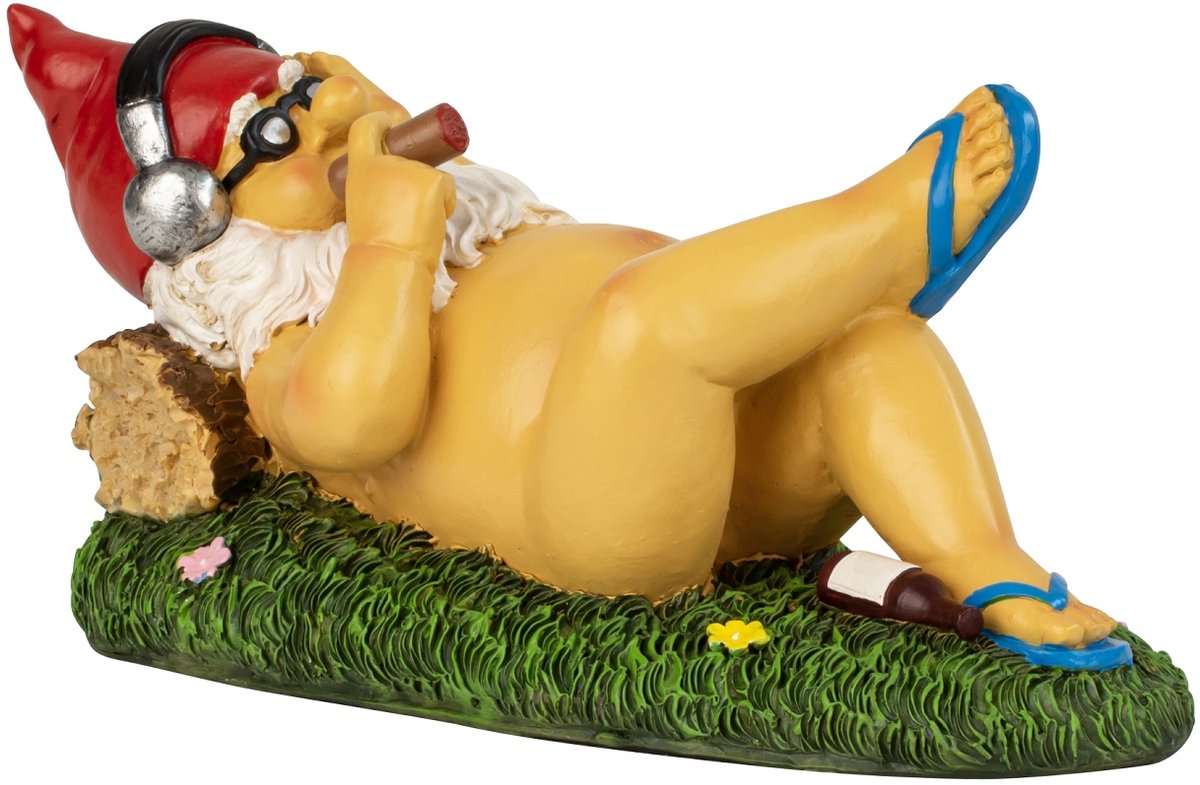 Tuinkabouter beeld – Liggend met koptelefoon & sigaret – Polystone – 30,5 cm