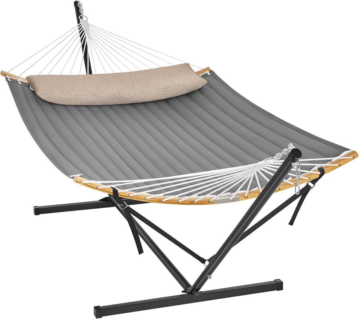 SONGMICS Hangmat met Frame, Metalen Hangmat Frame, Dubbele Greep met Kussen, 200 kg Laadvermogen, Tuin, Zwart Frame en Grijze Hangmat GHS002G01