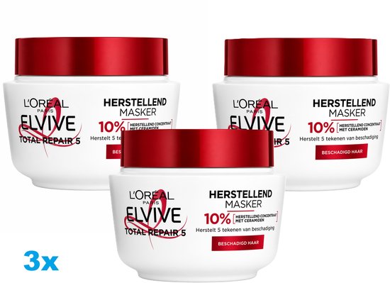 L’Oréal Paris Elseve Elvive Total Repair 5 Masque Capillaire – 3 x 300 ml – Pour Cheveux Abîmés – Masque Réparateur