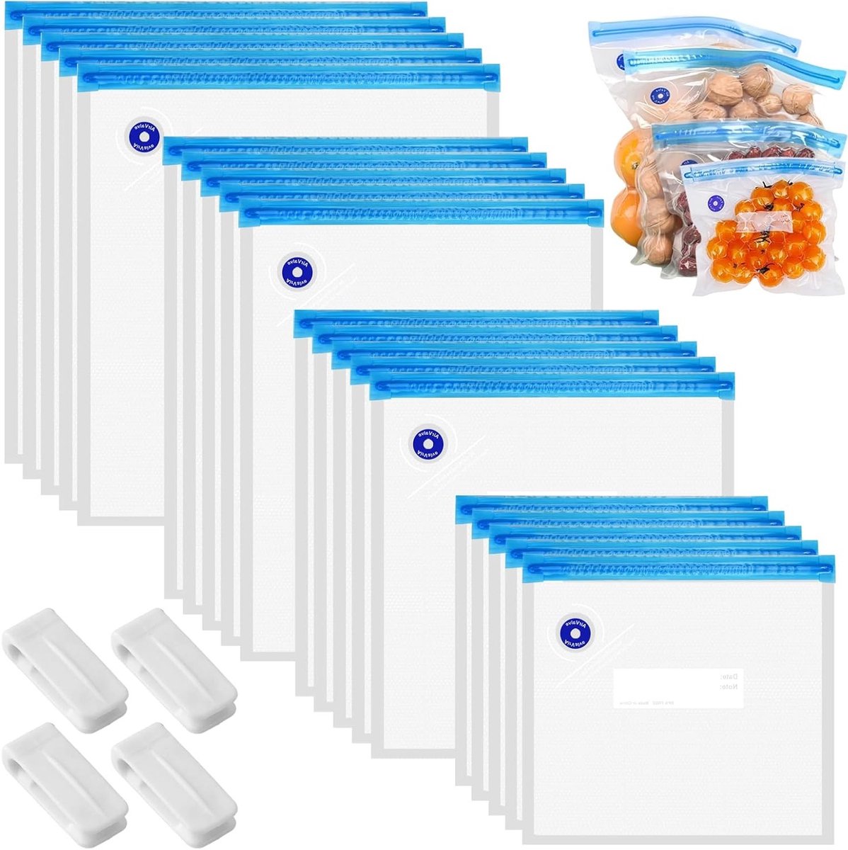 Herbruikbare Vacuümzakken Set van 20 Stuks met Ventiel, 4 Maten en 4 Sluitclips - BPA-vrij