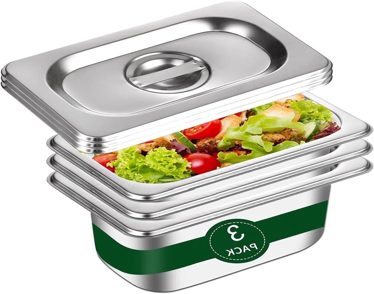 Set van 3 Stapelbare RVS Bakkersschalen met Deksel, Perfect voor Vlees, Snijwerk en Opslag, Vaatwasserbestendig en Duurzaam