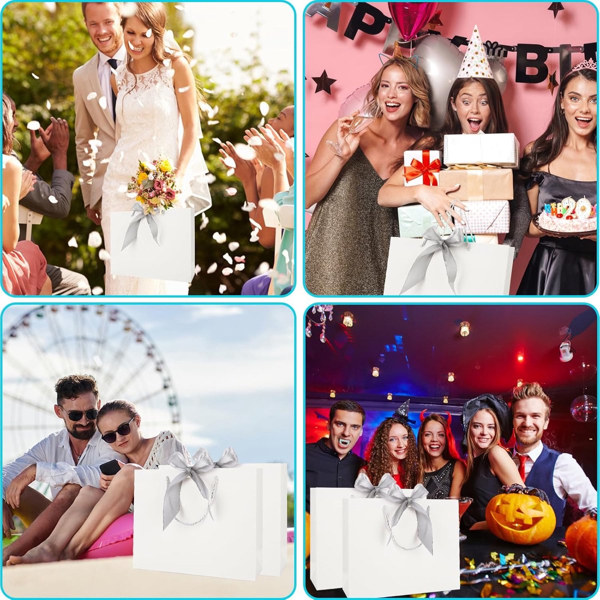 Cadeauzakjes Set 24 Stuks - Luxe Geschenkverpakking - Stevig Papier met Handgrepen - Zilveren Lint - Voor Verjaardag Bruiloft Kerst Cadeauzak Geschenkzakjes Papieren Tasjes