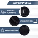 Details van zwarte duimbrace: klittenband, sterke stiksels en ademend materiaal.