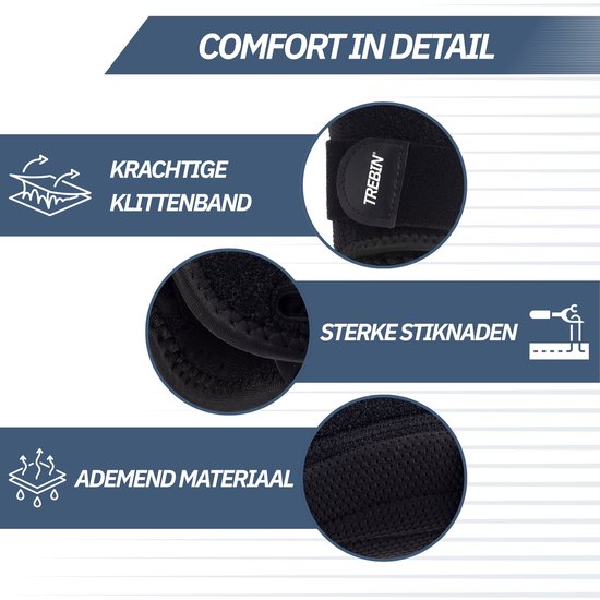 Details van zwarte duimbrace: klittenband, sterke stiksels en ademend materiaal.