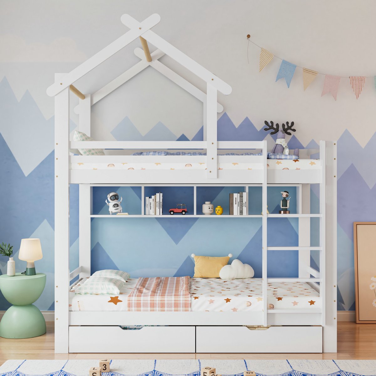 VVBV Stapelbed met Lades en Planken, Huisbed met Trap, Kinderbed met Uitvalbeveiliging, Grenenhout, Wit (90x200 cm)