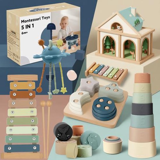 Montessori speelgoed: huisje, xylofoons, vormsorteerder, stapeltoren en trektouwspeeltje.