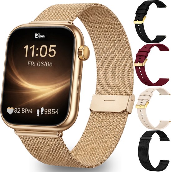 Gouden smartwatch met mesh band, toont tijd, hartslag en stappen. Vier verwisselbare bandjes: zwart, bordeauxrood, beige en stof.