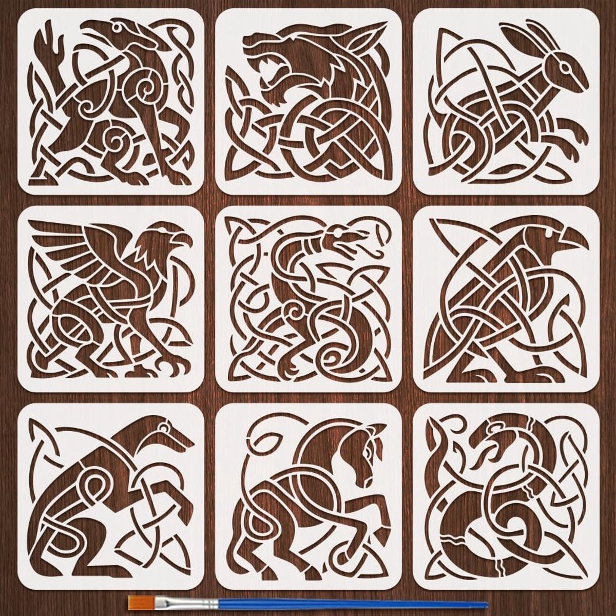 9-delige Keltische Knoop Dieren Stencils met Kwast, Herbruikbare Teken Templates 20x20cm voor Creatieve DIY Decoratie en Abstracte Kunst