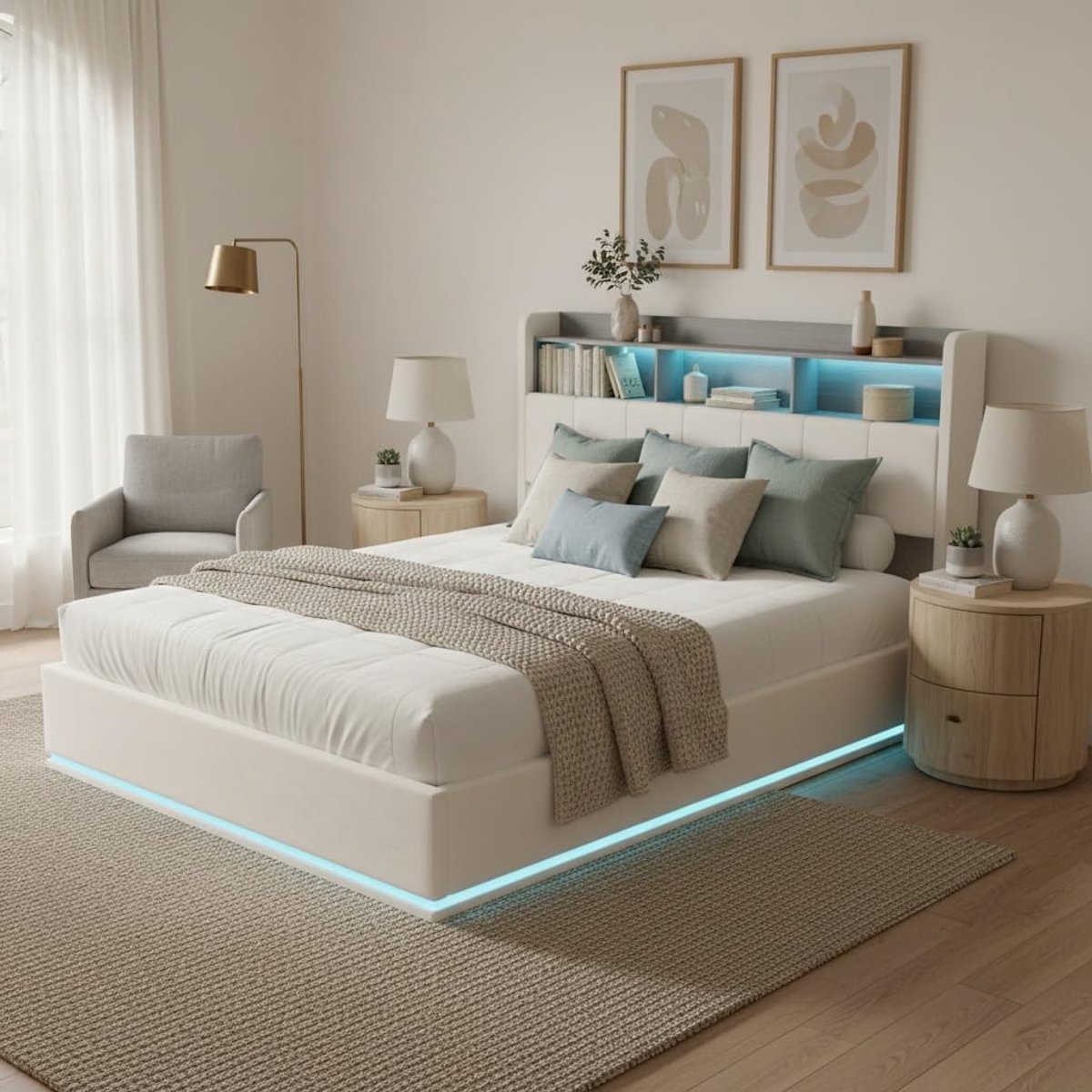 Luxe Gestoffeerd LED Opbergbed met Hydraulische Opslag, Hoofdbord met Opbergruimte, Lattenbodem en App-Bediening 140x200 cm Velvet Tweepersoonsbed Modern Design Wit A