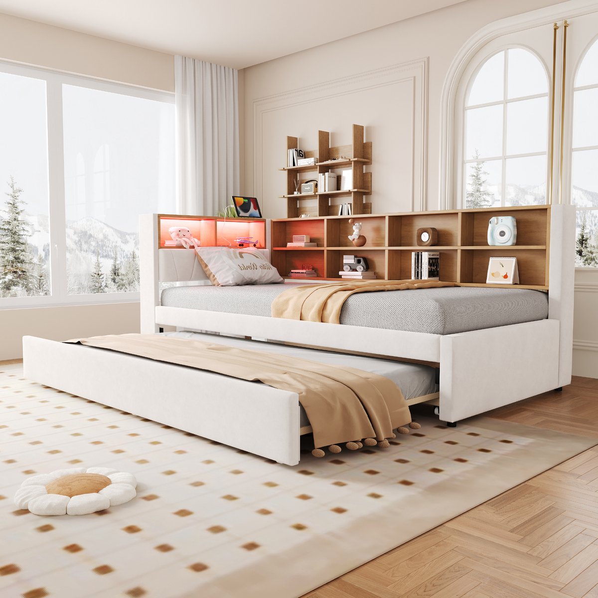 Wishdor Slaapbank met Uitschuifbed – 90 x 200 cm – Ledverlichting en Laadaansluitingen – Flanellen Bekleding Beige – Inclusief Opbergvakken en Uitschuifbed 90 x 190 cm – Ruimtebesparend voor Woonkamer of Logeerkamer – Stabiel tot 150 kg