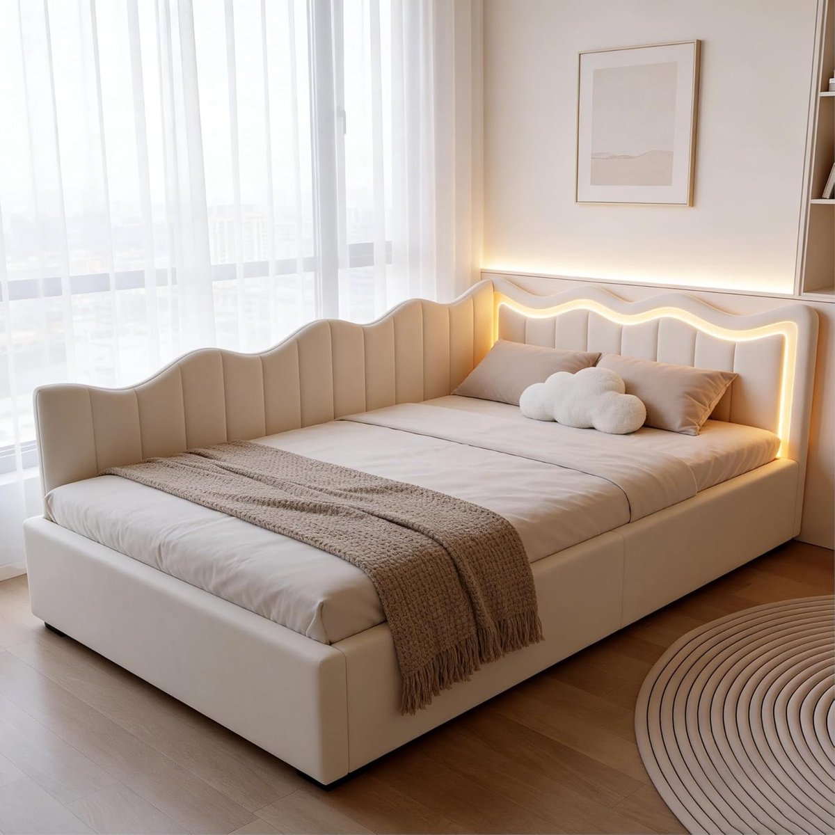 Luxe Velvet Eenpersoonsbed met LED Verlichting en Hydraulische Opbergruimte 90 x 200 cm – Multifunctioneel Slaapbank Bedframe met Hoofdbord en Lattenbodem – Beige