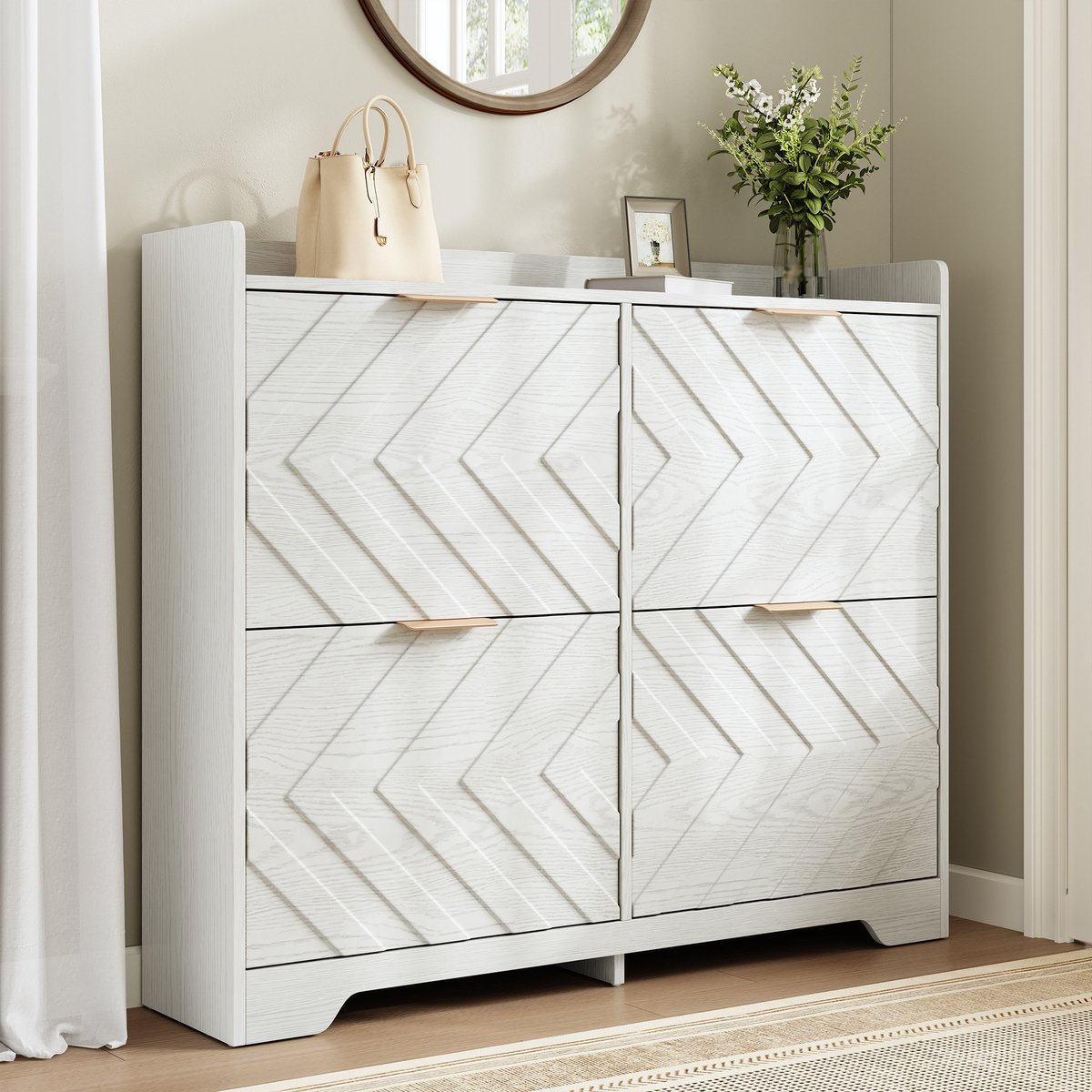 MODENUIT Schoenenkast - 4 Klepvakken Met 3D Front En Bovenblad - Voor Hal En Gang - MDF - Wit - 105x24x90 Cm