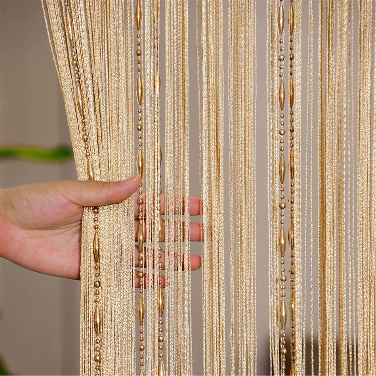 Kralengordijnen voor Deuropeningen 1 x 2 M met Kwastjes, Kralen, Hangende Franjes, Hippie, Hangende Decoratie, Kamerverdeler, Glitter Kralengordijnen voor Deur, voor Bruiloft, Kantoor, Huisdecoratie (champagnekleur)| Cyslmuk®
