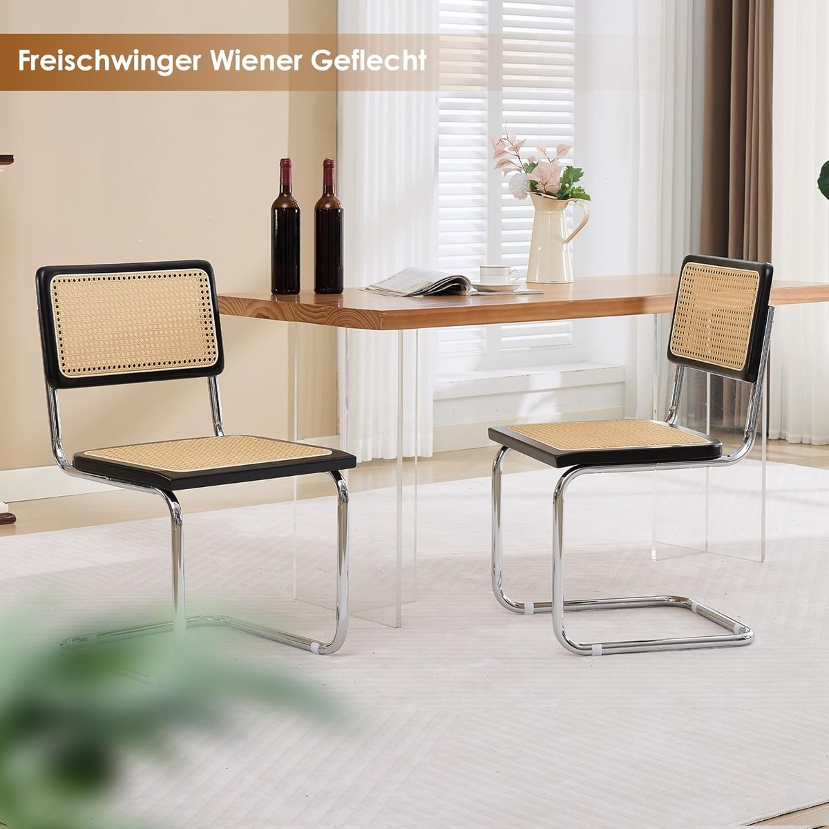 Eetkamerstoelen set van 2 – Cantilever stoel met rotan zitting en houten frame – Retro Bauhaus design – Zwart – Comfortabele keukenstoelen / woonkamer stoelen – Meuble Paris