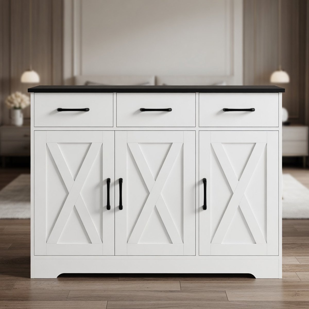 Mobili Bella Luxe Keukenkast met Werkblad – Dressoir met 3 Laden en 3 Deuren – Multifunctionele Buffetkast & Opbergkast voor Keuken, Eetkamer en Woonkamer – Modern Design – Wit/Zwart – 100,5 cm