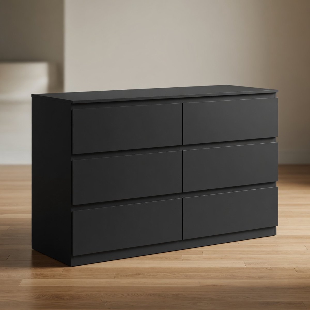 Moderne 6-Laden Ladekast Zwart - Minimalistisch Greeploos Dressoir 120x40x75 cm - Ruime Opbergkast voor Slaapkamer, Woonkamer & Hal - Duurzaam E1 Spaanplaat - Mobili Bella