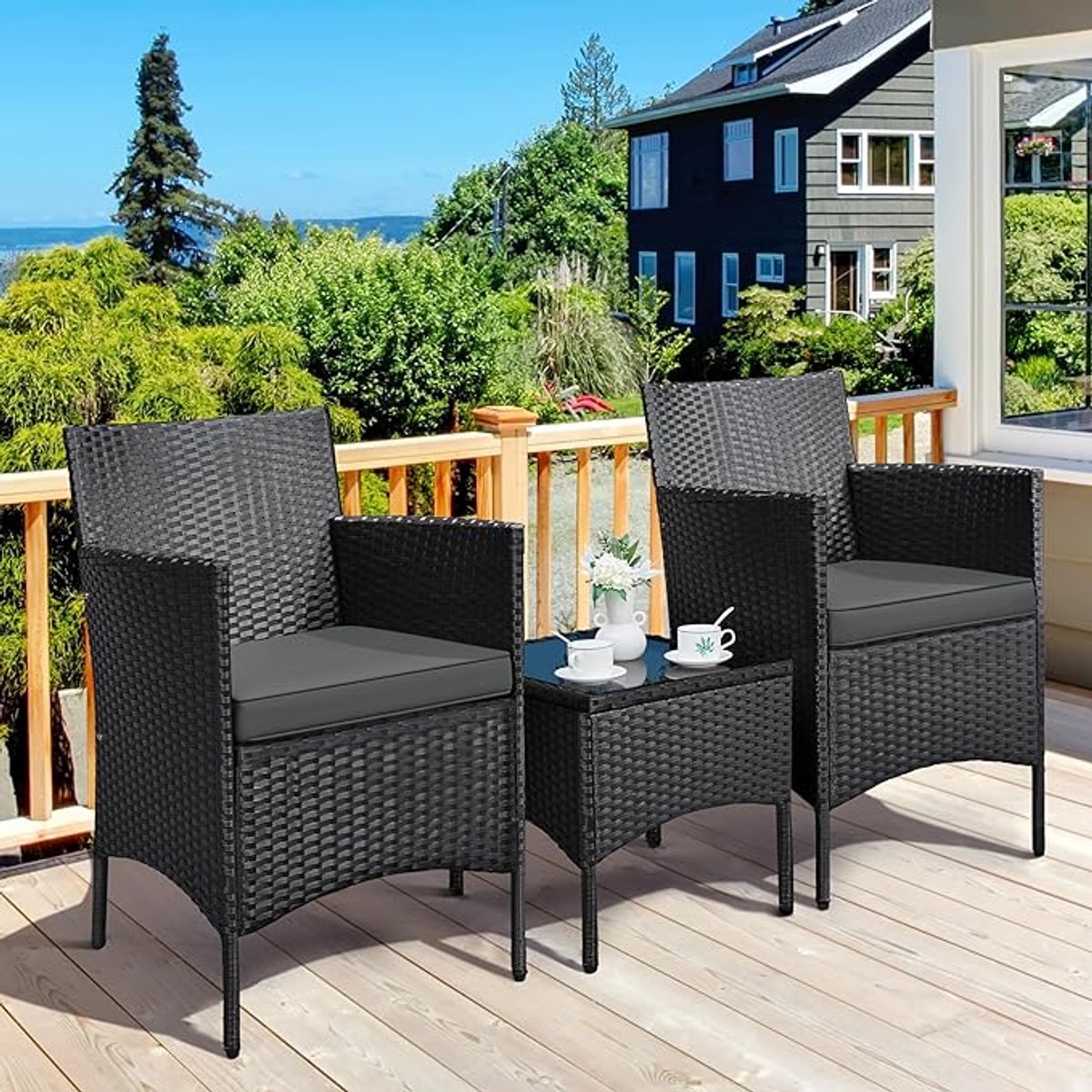 3-delige Balkon Loungeset van Polyrotan met 2 Stoelen, Zitkussens en Tafel – Weerbestendige Tuinset voor Balkon, Terras en Tuin – Mobili Bella