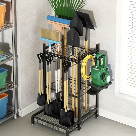 Stalen Tuingereedschap Organizer – Verrijdbare Opslagtoren met Wielen – Gereedschapsrek voor Garage & Schuur – Geschikt voor Lange Stelen, Harken en Bezems – Zwart