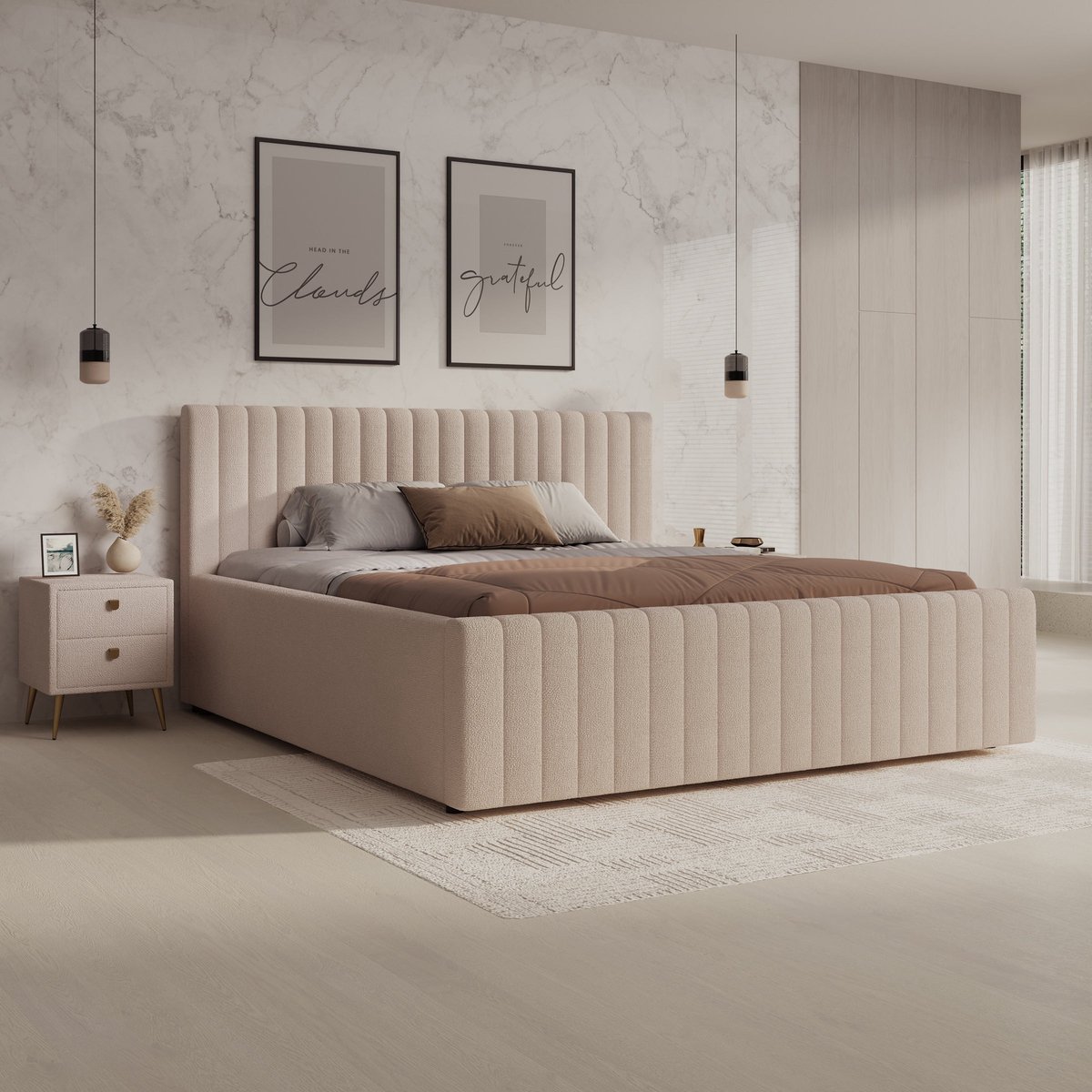 Meubella - Bavira - Tweepersoonsbed opbergruimte - Stof beige - 180x200