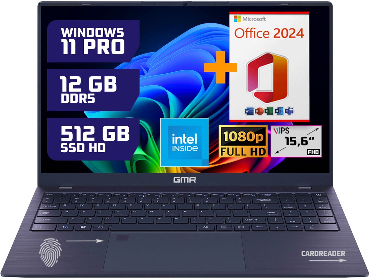 GMR - Ultrasnelle 15.6" Laptop - Stijlvol Design - Intel N95 - 16GB Werkgeheugen - 512GB Opslag - Windows 11 Pro + Office 2024 Pakket