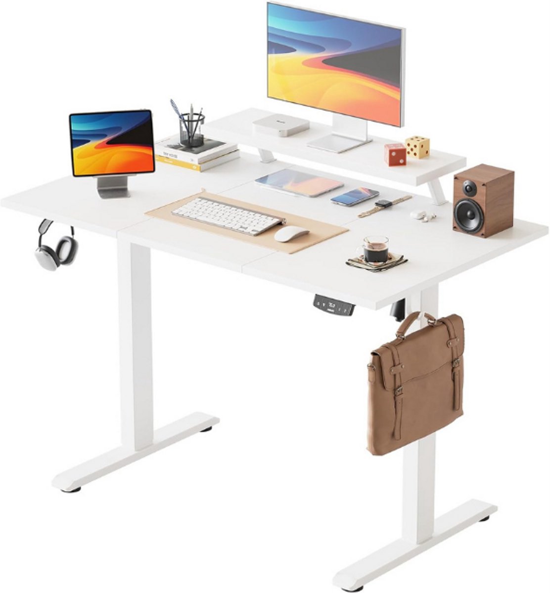 Agilestic Elektrisch in hoogte verstelbaar bureau, 120 x 60 cm, met beweegbare monitorstandaard, staand bureau met 2 geheugenknoppen, 3-delig tafelblad, bureau voor thuiswerk, wit