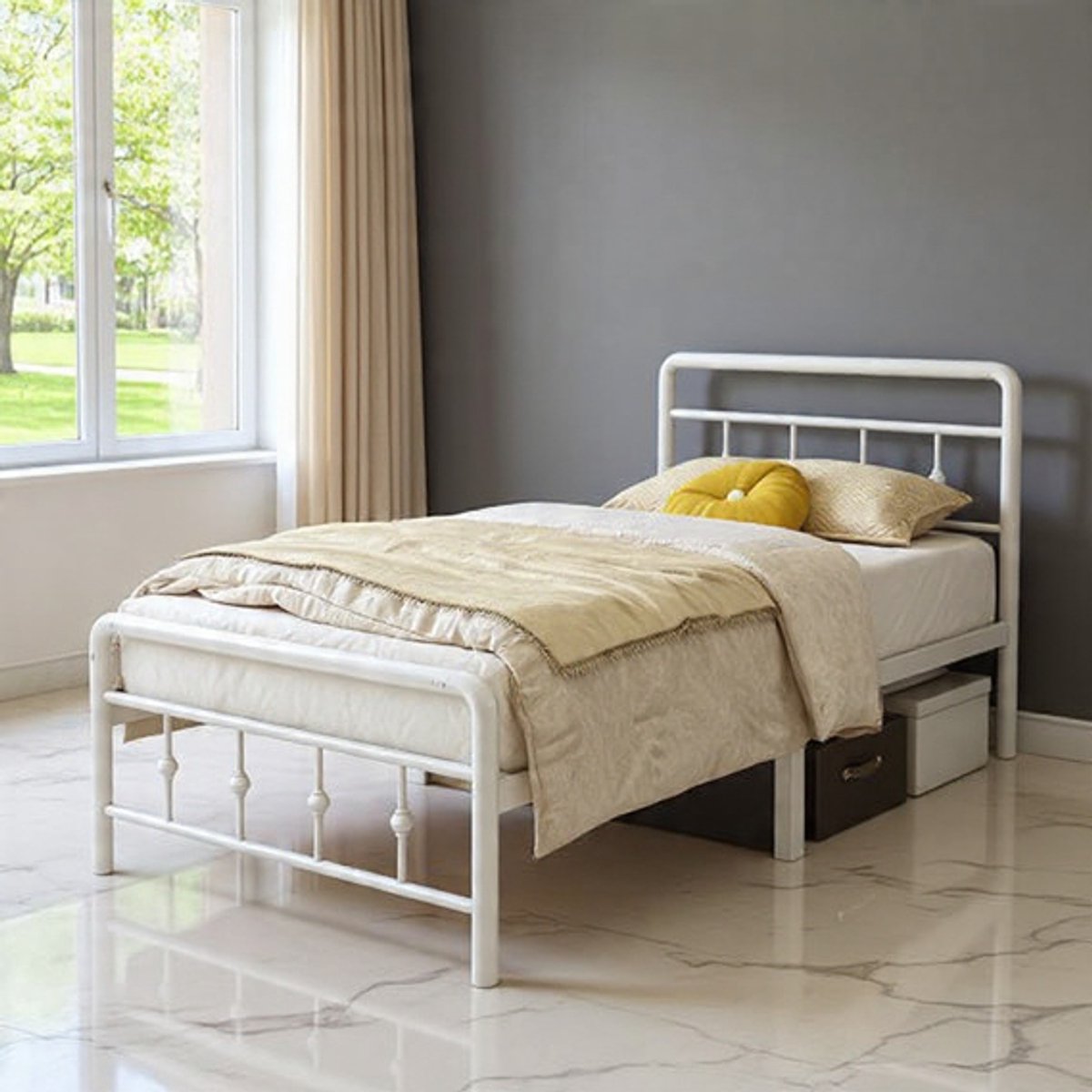 Vintage Metalen Bedframe Wit 80x190 cm met Hoofdbord en Voetbord – Extra Stevig Stalen Bed met Lattenbodem, Geluidloos, Eenvoudige Montage en Onderbed Opbergruimte – Mobili Bella