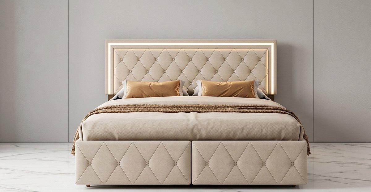 Luxe LED Opbergbed 160x200 cm met 4 Lades – PU Lederlook Beige – Modern Tweepersoonsbed met Verlichting, Lattenbodem en Ruime Opbergruimte – Stabiel Bedframe voor Volwassenen & Tieners – Mobili Bella