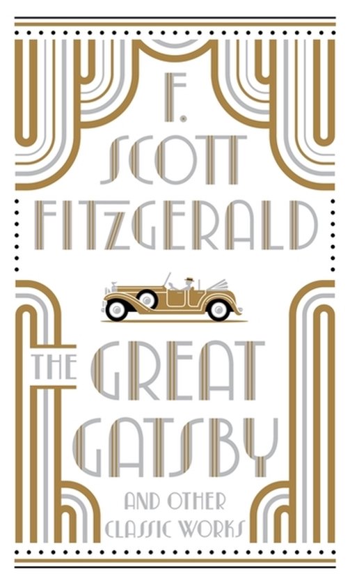 Couverture de livre avec un design art déco. Titre : "The Great Gatsby and Other Classic Works". Avec des lignes dorées et argentées et une voiture.