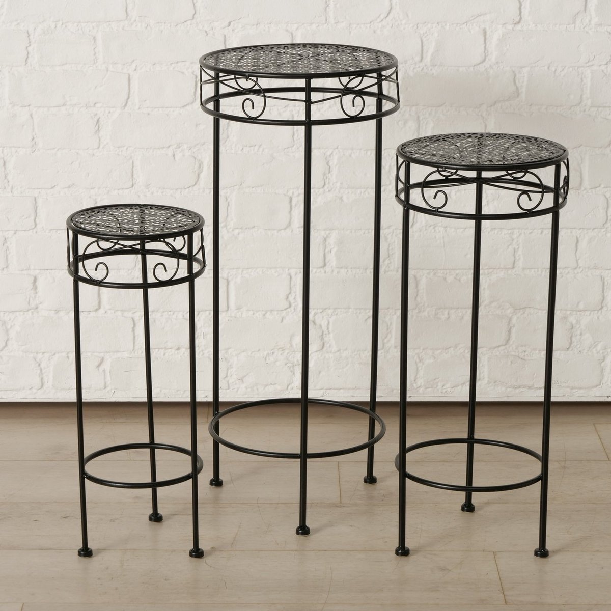 Bijzet tafel - 3 set - Planten tafel - Hoogte: 70-60-50 cm - Zwart - Ø 30-25-20cm. - Metaal