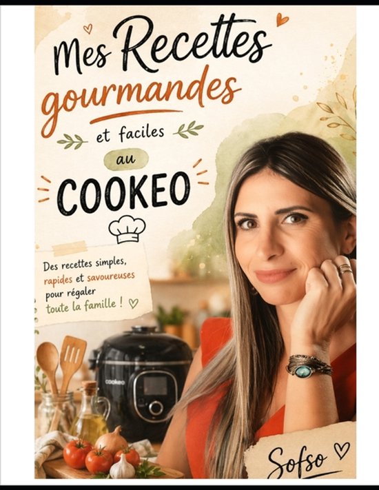 Livre 'Mes Recettes gourmandes et faciles au Cookeo' avec une femme et une multicuiseur.