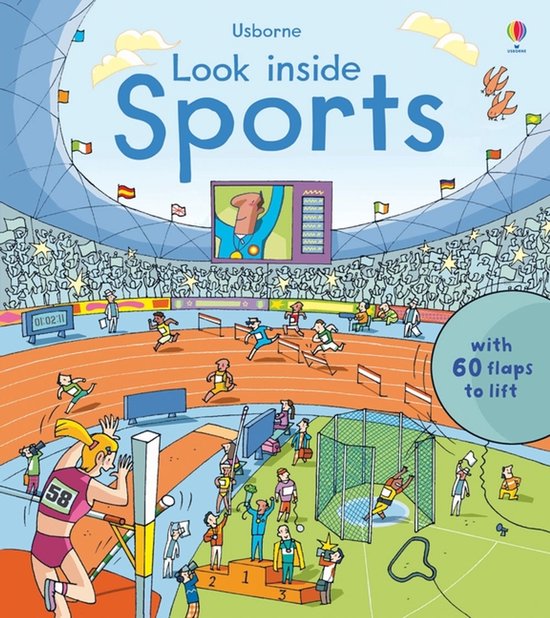 Boek 'Look Inside Sports' met een kleurrijke illustratie van een stadion vol sporters, publiek en sportactiviteiten.