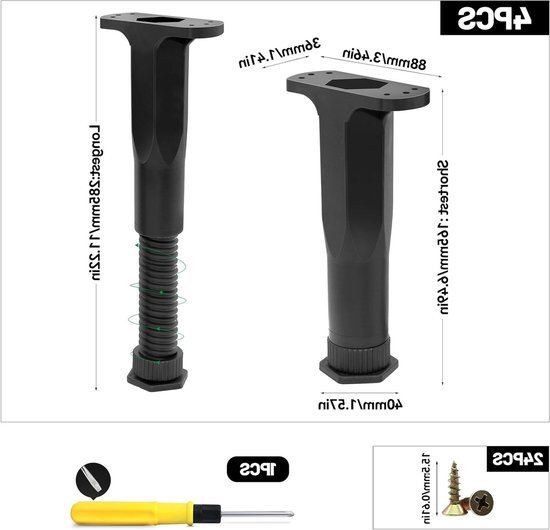 Verstelbare Ondersteuningspoten voor Bed, Sofa en Meubels - 4 Stuks, 16-28 cm, Inclusief Schroeven en Schroevendraaier — afbeelding 5