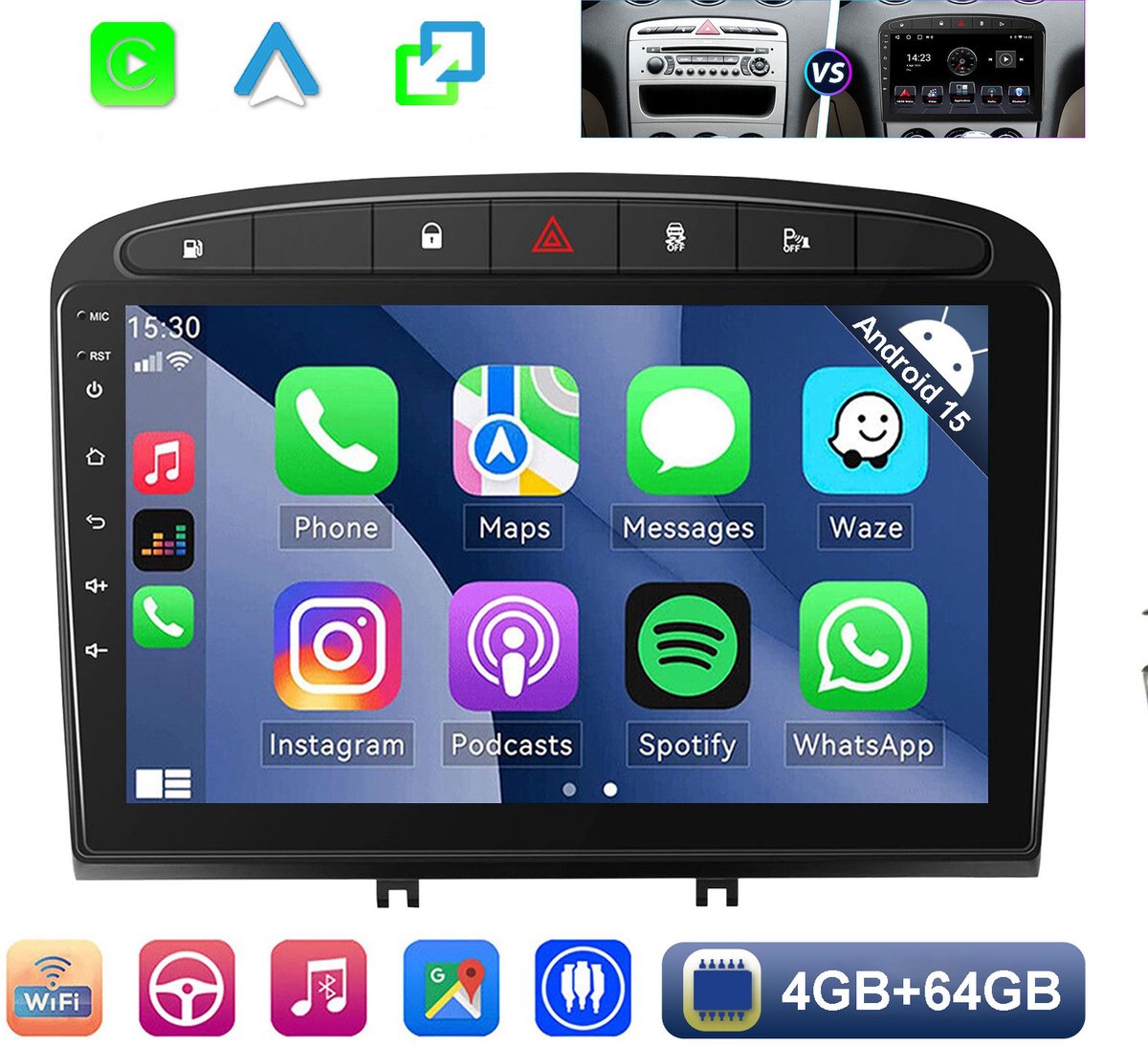 ESSGOO Carplay autoradio voor Peugeot 308 408 2007 t/m 2013 - Android 15 - 4 + 64 GB - Draadloos Apple Carplay & Android Auto - Bluetooth & Wifi RDS FM Navigatie