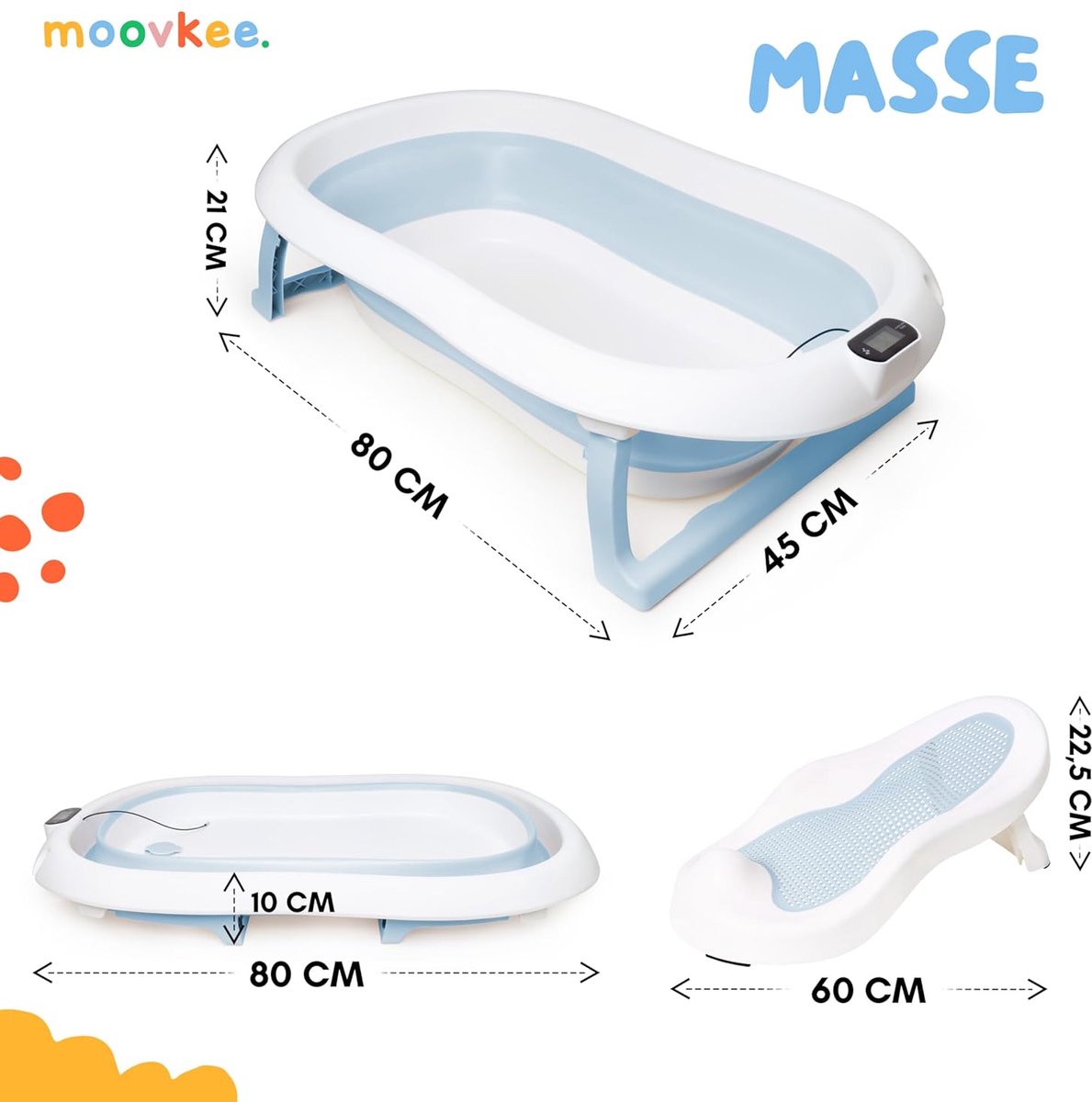 moovkee. Opvouwbaar Babybad 80 cm Blauw - Babybadewanne met Thermometer en Badesitz - Antislip Draagbare Babybadkuip voor 0-36 Maanden thumbnail 5