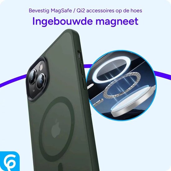 Donkergroen hoesje met MagSafe-ring en Apple-logo, met illustratie van ingebouwde magneet.